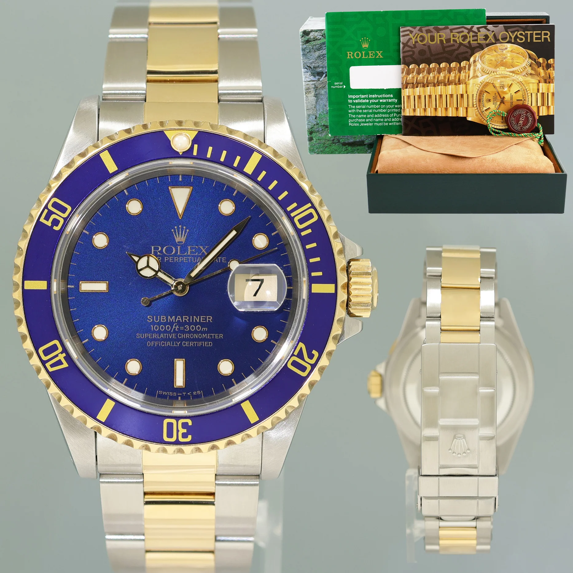1995 MINT Rolex Submariner 16613LB Gold Steel Two Tone Yellow Gold Sunburst Blue Dial Watch