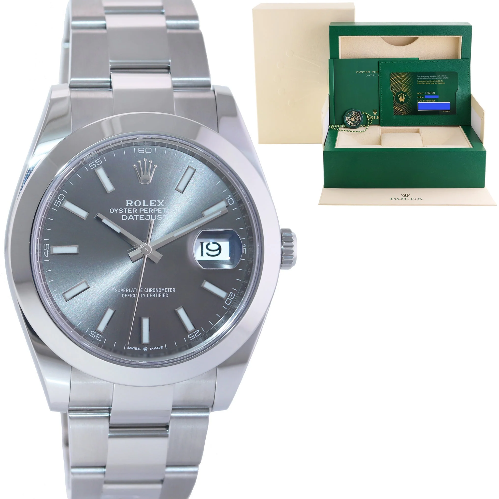 2023 NEW PAPERS Rolex 126300 DateJust 41mm 41 Steel Rhodium Stick Oyster Watch Box