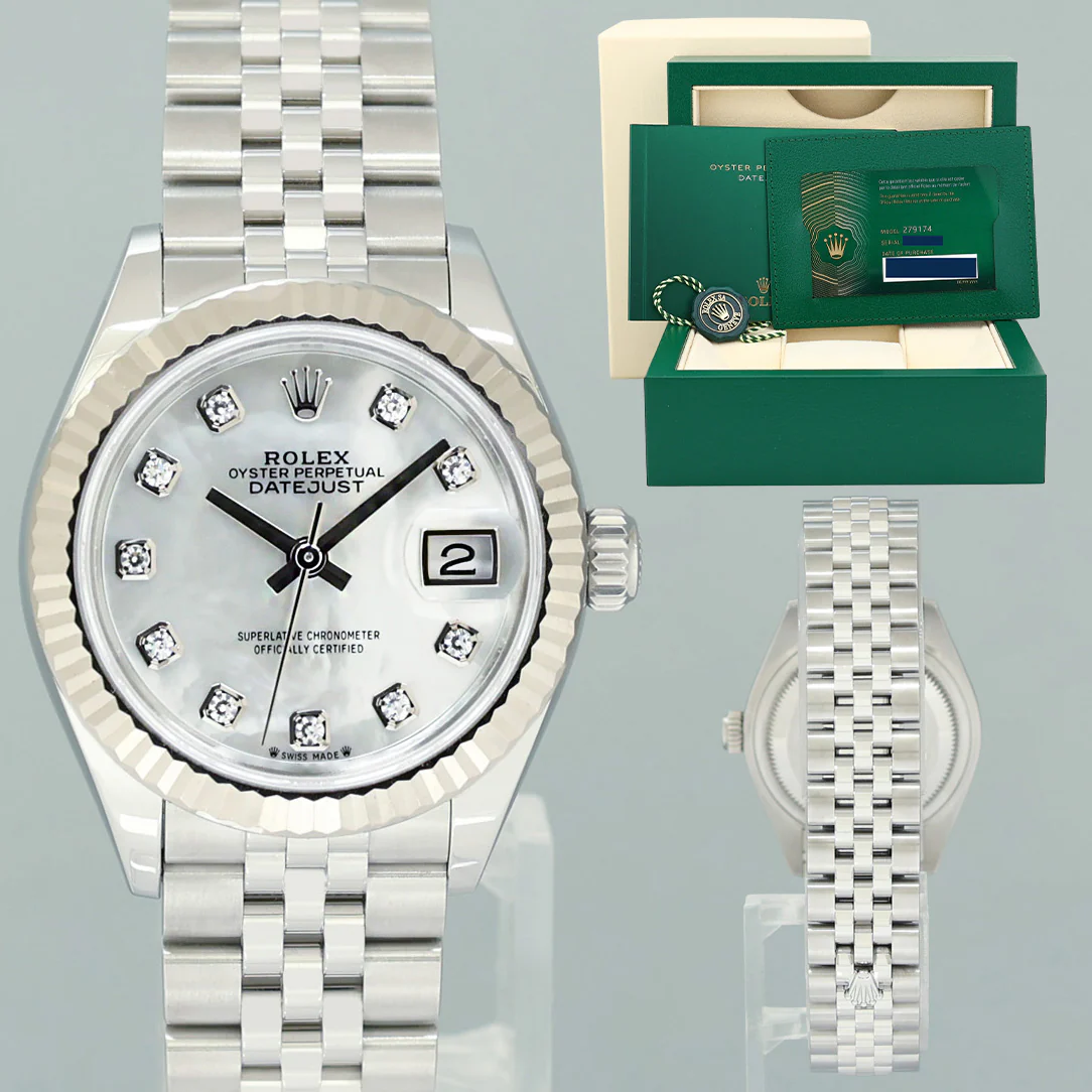 MINT 2023 PAPERS Ladies Rolex 279174 DateJust 26mm MOP Diamond Fluted Jubilee Watch