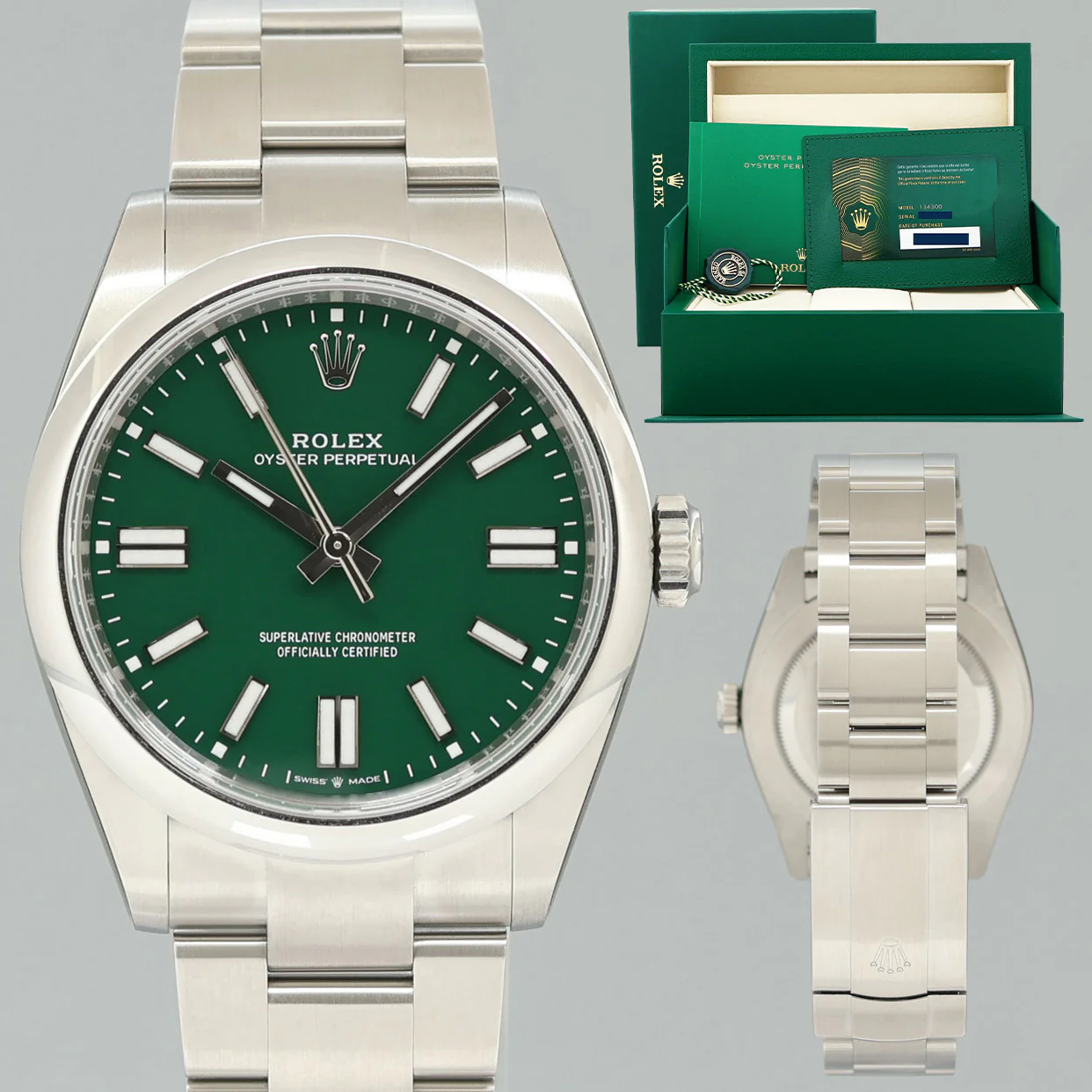 2026 NEW PAPERS Rolex 134300 Oyster Perpetual 41mm Green Stick Dial Steel Watch Box