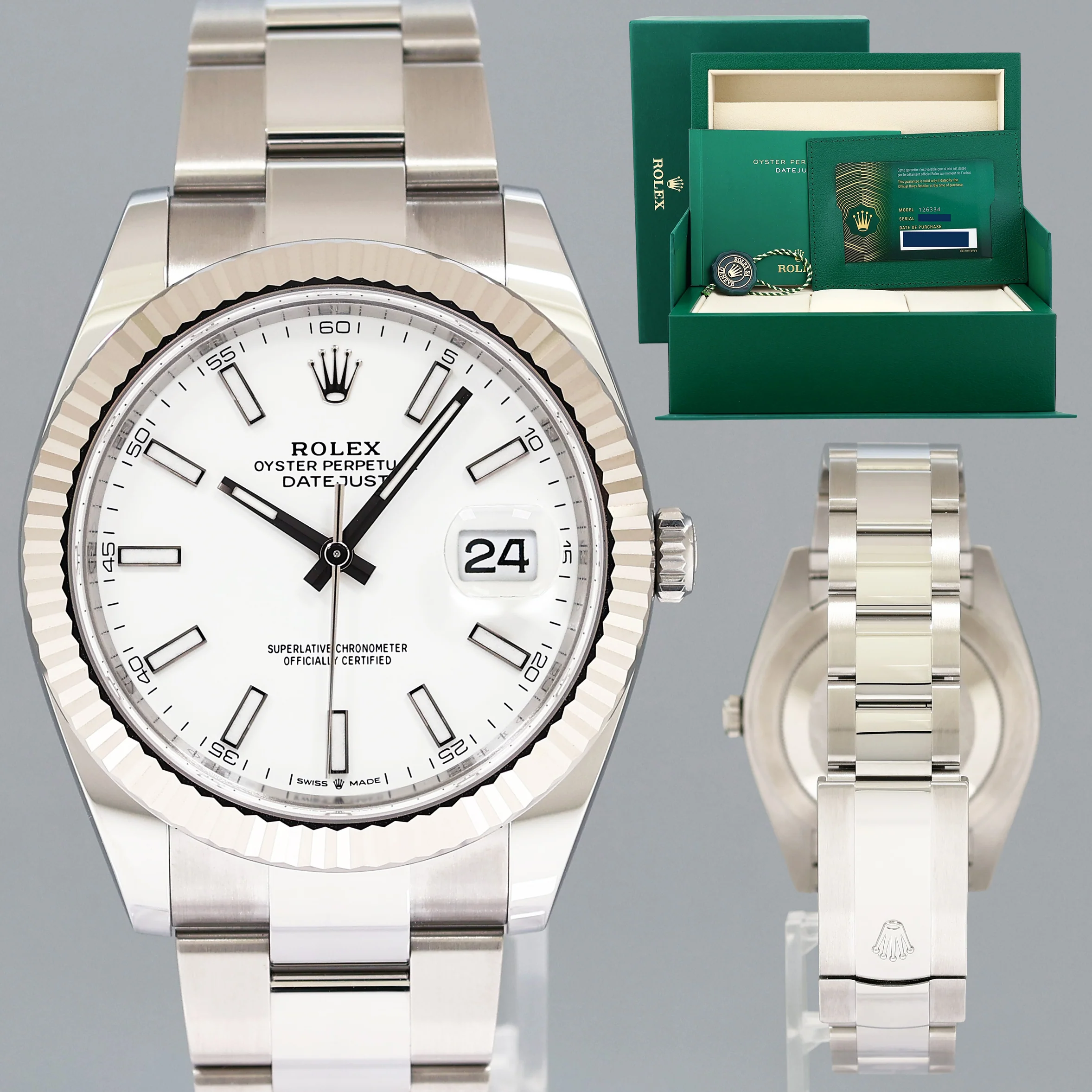 2026 NEW PAPERS Rolex DateJust 41 White Stick Oyster White Gold Fluted 126334 Watch