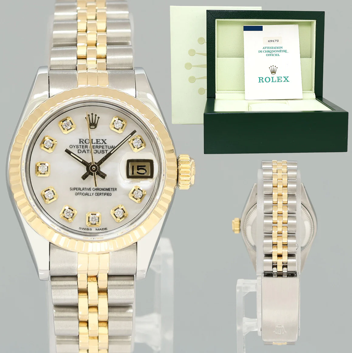 PAPERS Pearl Diamond Ladies Rolex 26mm DateJust 69173 Two Tone Gold Jubilee Watch