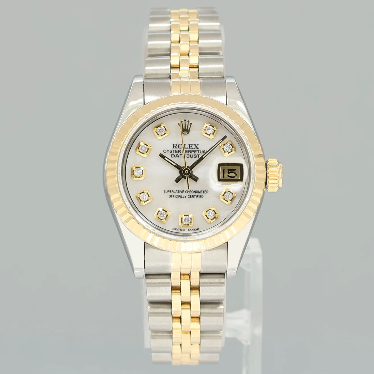 PAPERS Pearl Diamond Ladies Rolex 26mm DateJust 69173 Two Tone Gold Jubilee Watch - Image 2