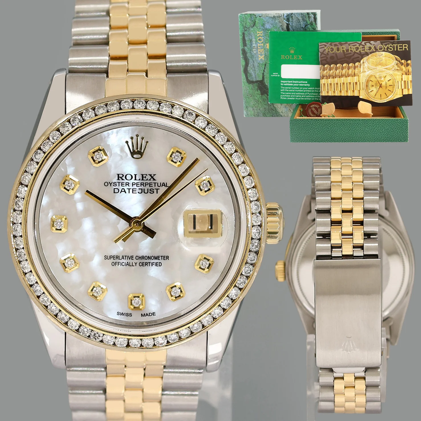 PEARL & DIAMOND BEZEL Rolex DateJust 16013 Two-Tone Yellow Gold Jubilee Watch Box